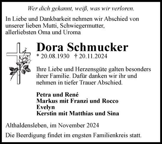 Traueranzeige von Dora Schmucker von Volksstimme Haldensleben/Wolmirstedt