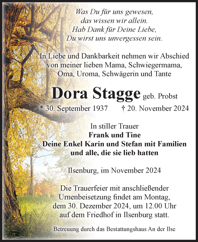  Traueranzeige für Dora Stagge vom 30.11.2024 aus Volksstimme Wernigerode