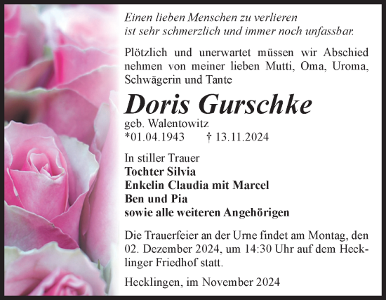 Traueranzeige von Doris Gurschke 