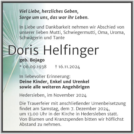 Traueranzeige von Doris Helfinger von Trauerkombi Mansfelder Land