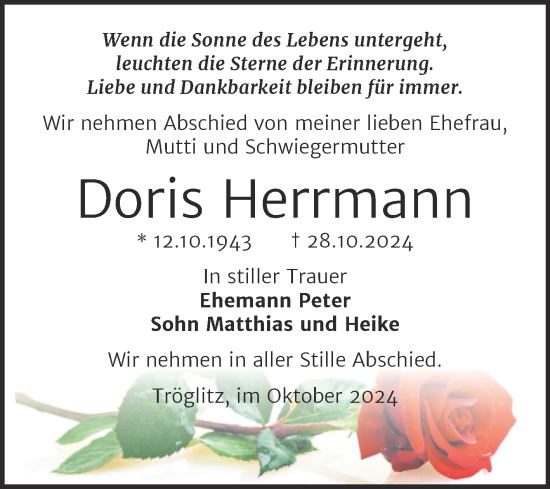 Traueranzeige von Doris Herrmann von Trauerkombi Zeitz