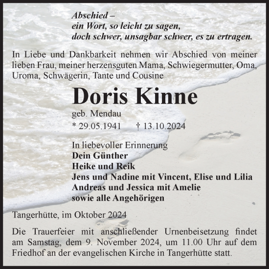 Traueranzeige von Doris Kinne von Volksstimme Altmark Ost
