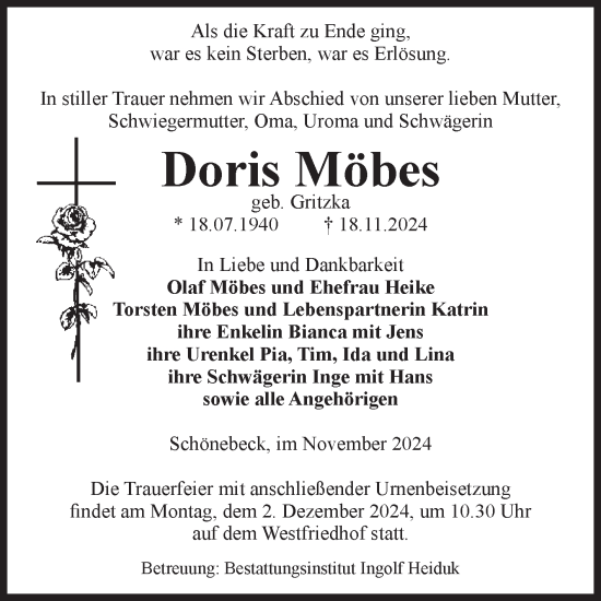 Traueranzeige von Doris Möbes von Volksstimme Schönebeck