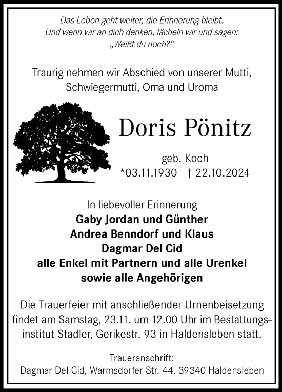 Traueranzeige von Doris Pönitz von Volksstimme Staßfurt