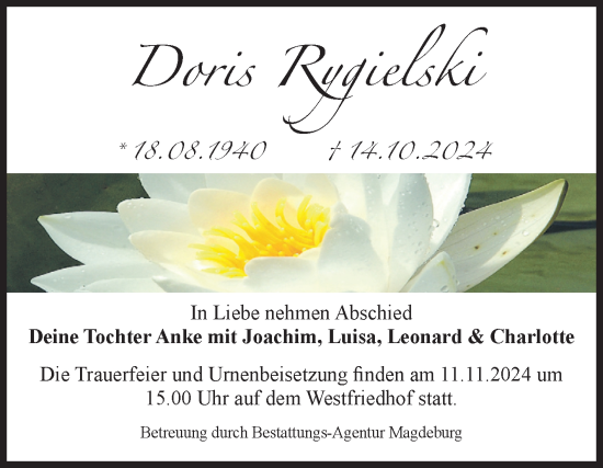 Traueranzeige von Doris Rygielski von Volksstimme Burg/Genthin