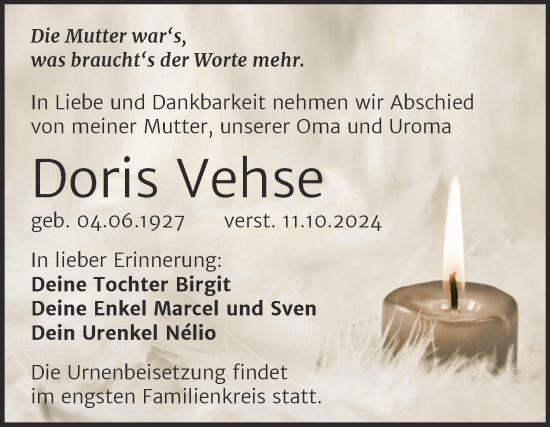 Traueranzeige von Doris Vehse von Trauerkombi Weißenfels