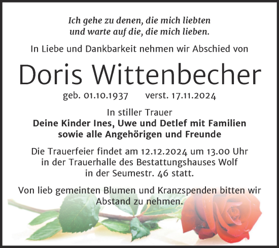 Traueranzeige von Doris Wittenbecher von Trauerkombi Weißenfels