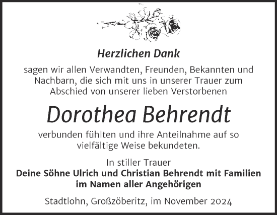 Traueranzeige von Dorothea Behrendt von Trauerkombi Bitterfeld