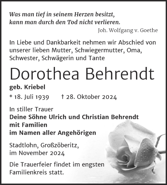 Traueranzeige von Dorothea Behrendt von Trauerkombi Bitterfeld