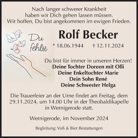 Traueranzeige von DuRolf Becker von Volksstimme Wernigerode
