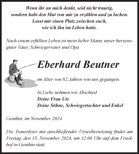 Traueranzeige von Eberhard Beutner von Volksstimme Burg/Genthin