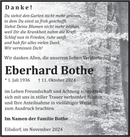 Traueranzeige von Eberhard Bothe von Volksstimme Halberstadt
