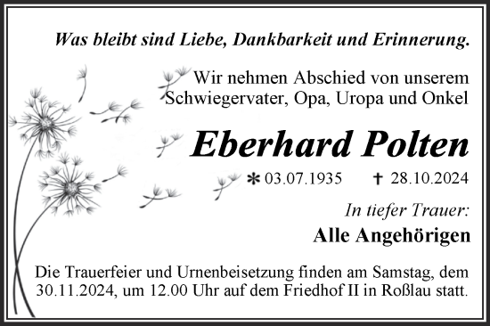 Traueranzeige von Eberhard Polten von Trauerkombi Dessau