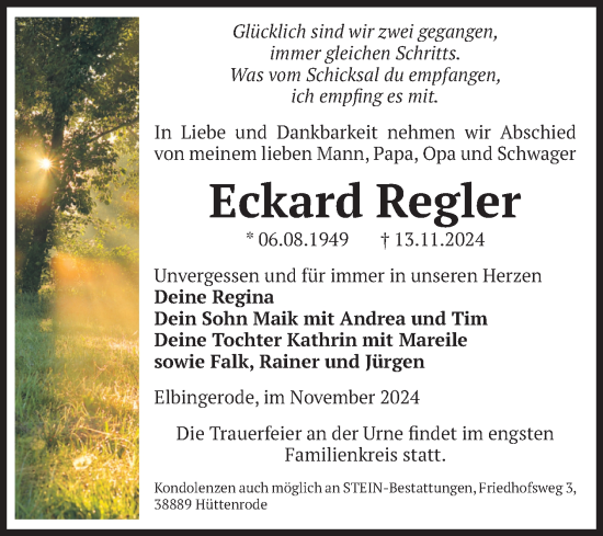 Traueranzeige von Eckard Regler von Volksstimme Wernigerode