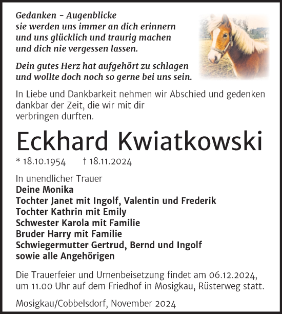 Traueranzeige von Eckhard Kwiatkowski von Trauerkombi Dessau