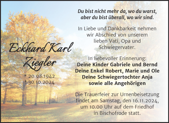 Traueranzeige von Eckhard Karl Ziegler von Trauerkombi Mansfelder Land