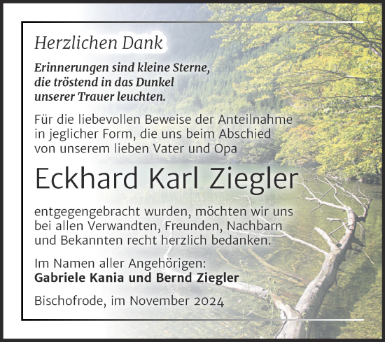 Traueranzeige von Eckhard Karl Ziegler von Trauerkombi Mansfelder Land