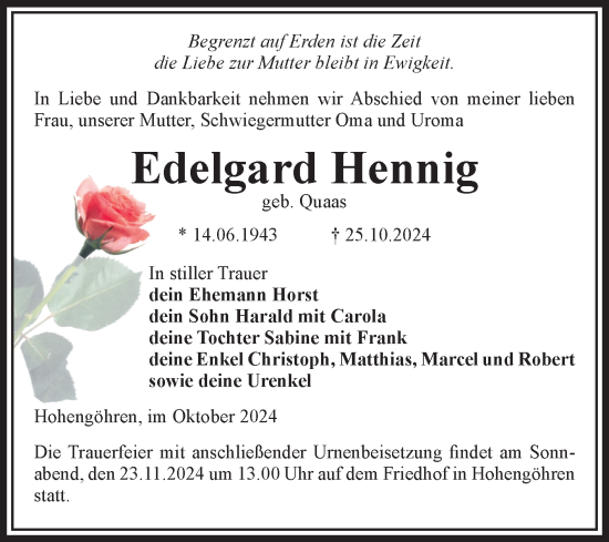 Traueranzeige von Edelgard Hennig von Volksstimme Altmark Ost