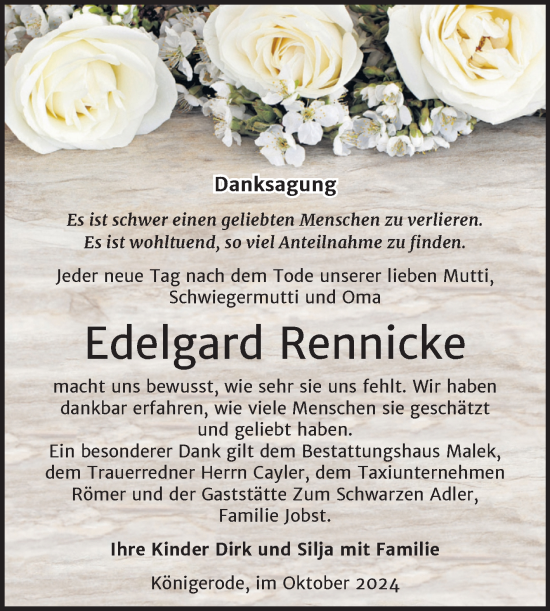 Traueranzeige von Edelgard Rennicke von Trauerkombi Quedlinburg