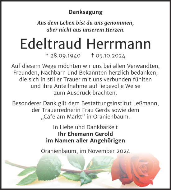 Traueranzeige von Edeltraud Herrmann von Trauerkombi Wittenberg