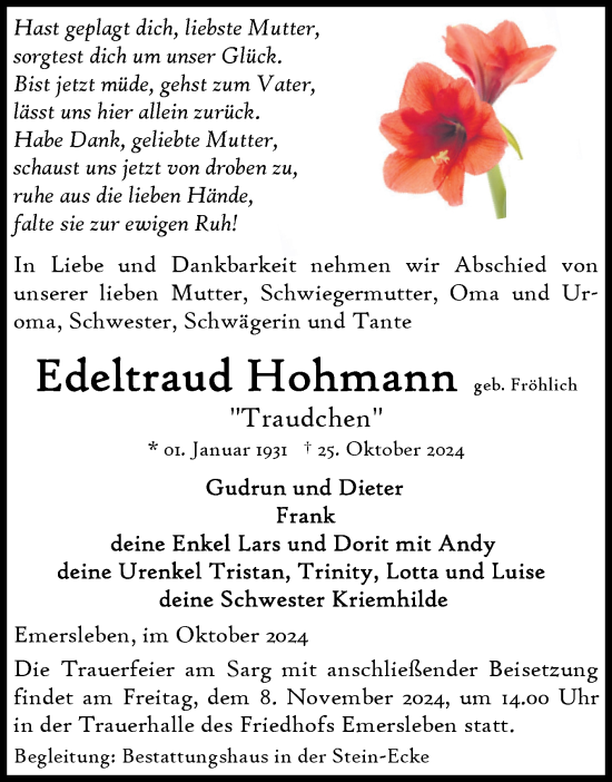 Traueranzeige von Edeltraud Hohmann von Volksstimme Halberstadt