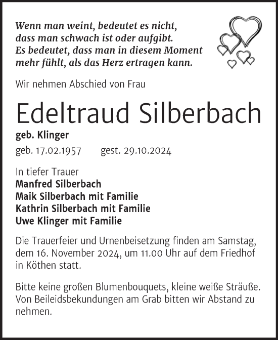 Traueranzeige von Edeltraud Silberbach von Trauerkombi Köthen