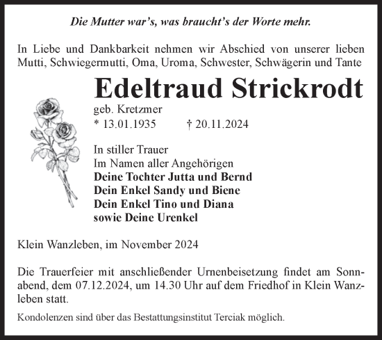 Traueranzeige von Edeltraud Strickrodt von Volksstimme Oschersleben/Wanzleben
