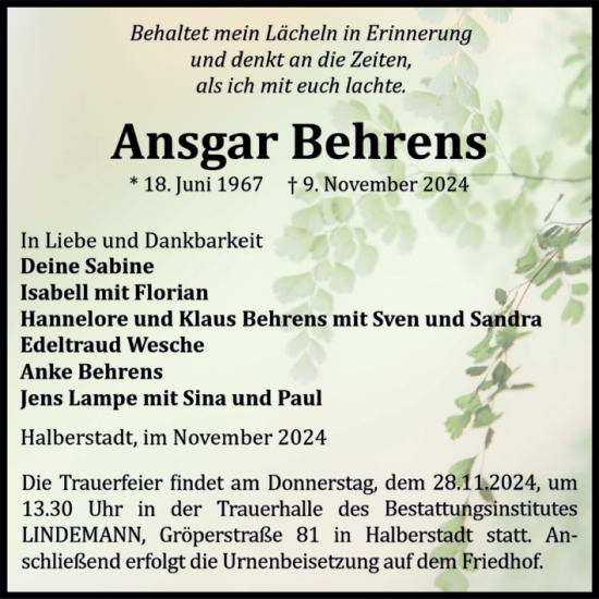 Traueranzeige von Ansgar Behrens von Volksstimme Halberstadt