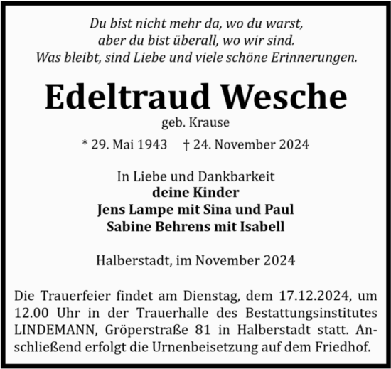 Traueranzeige von Edeltraud Wesche von Volksstimme Halberstadt
