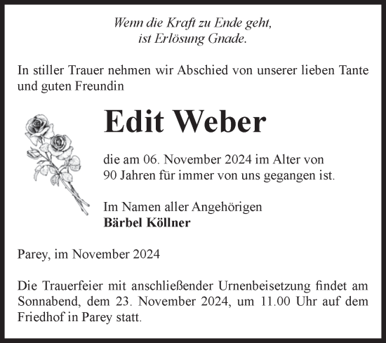 Traueranzeige von Edit Weber von Volksstimme Burg/Genthin