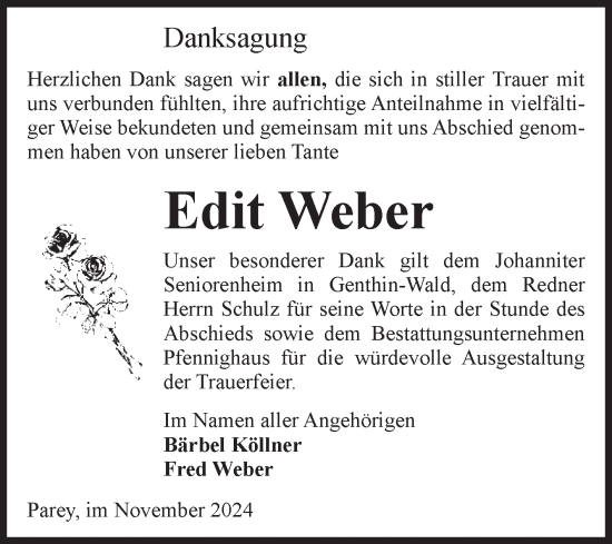 Traueranzeige von Edit Weber von Volksstimme Burg/Genthin