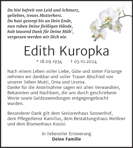 Traueranzeige von Edith Kuropka von Trauerkombi Sangerhausen