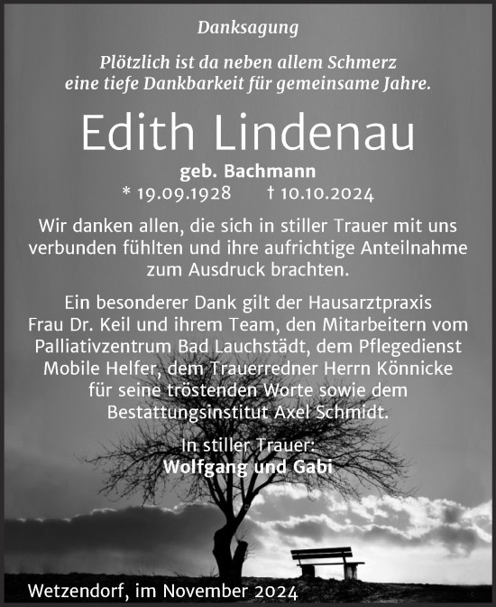Traueranzeige von Edith Lindenau von Naumburger Tageblatt