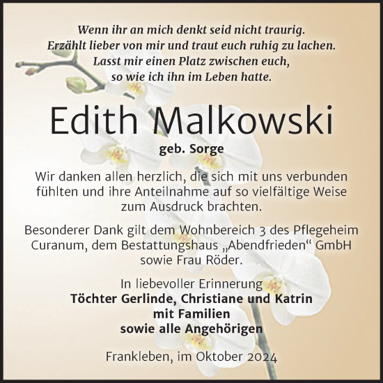 Traueranzeige von Edith Malkowski von Trauerkombi Merseburg