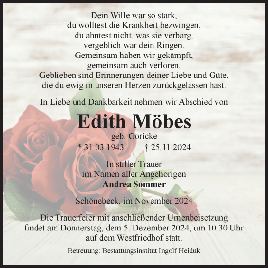 Traueranzeige von Edith Möbes von Volksstimme Schönebeck