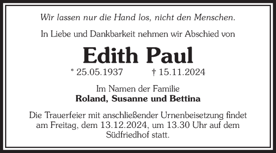 Traueranzeige von Edith Paul von Volksstimme Magdeburg