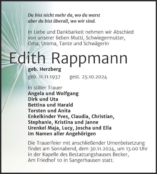 Traueranzeige von Edith Rappmann von Trauerkombi Sangerhausen