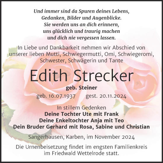 Traueranzeige von Edith Strecker von Trauerkombi Sangerhausen