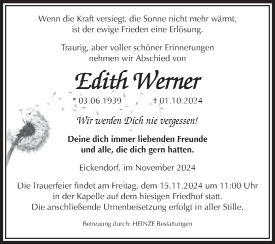 Traueranzeige von Edith Werner von Volksstimme Schönebeck