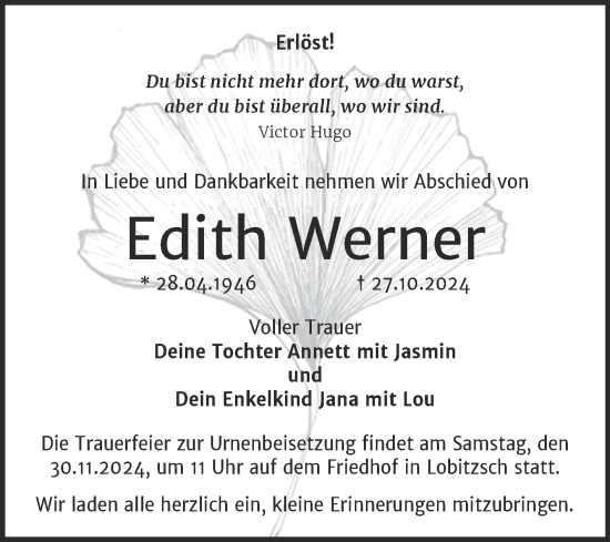 Traueranzeige von Edith Werner von Trauerkombi Weißenfels