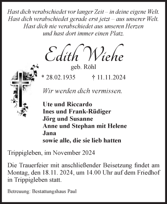 Traueranzeige von Edith Wiehe von Volksstimme Altmark West