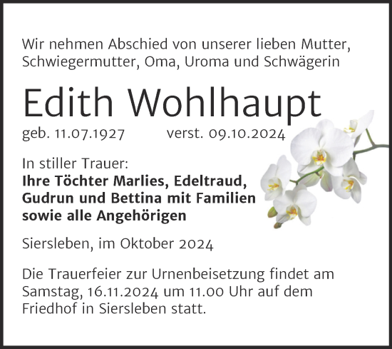 Traueranzeige von Edith Wohlhaupt von Trauerkombi Mansfelder Land