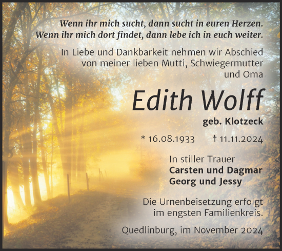 Traueranzeige von Edith Wolff von Trauerkombi Quedlinburg