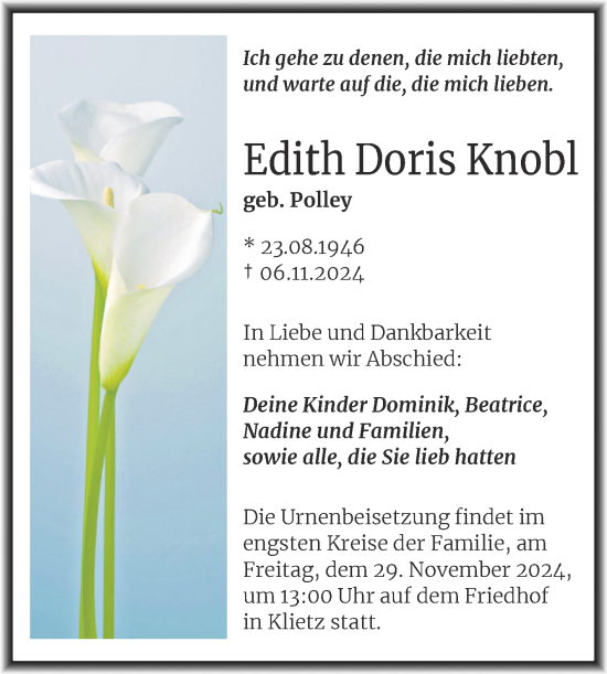 Traueranzeige von Edith Doris Knobl von Trauerkombi Mansfelder Land