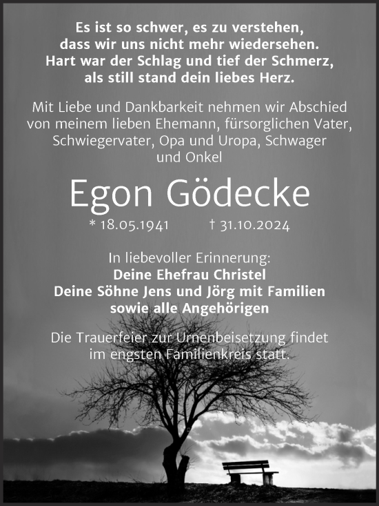 Traueranzeige von Egon Gödecke von Trauerkombi Mansfelder Land