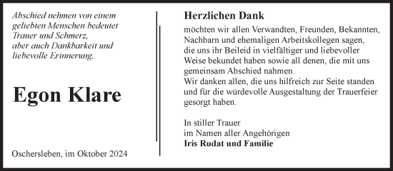 Traueranzeige von Egon Klare von Volksstimme Oschersleben/Wanzleben