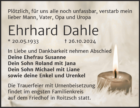 Traueranzeige von Ehrhard Dahle von Trauerkombi Bitterfeld