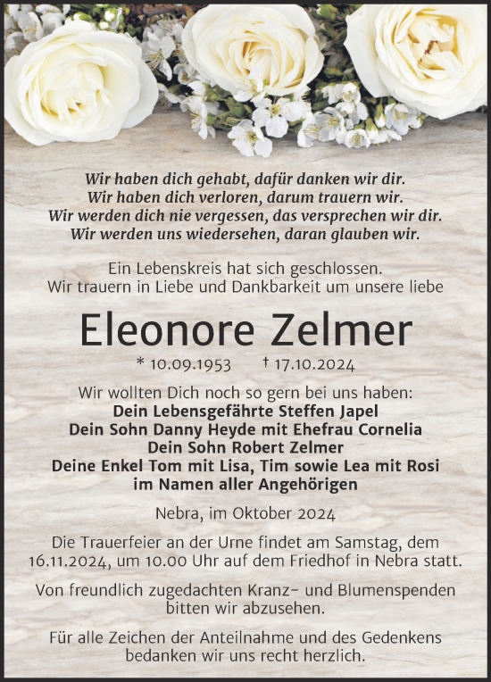 Traueranzeige von Eleonore Zelmer von Super Sonntag Naumburg/Nebra