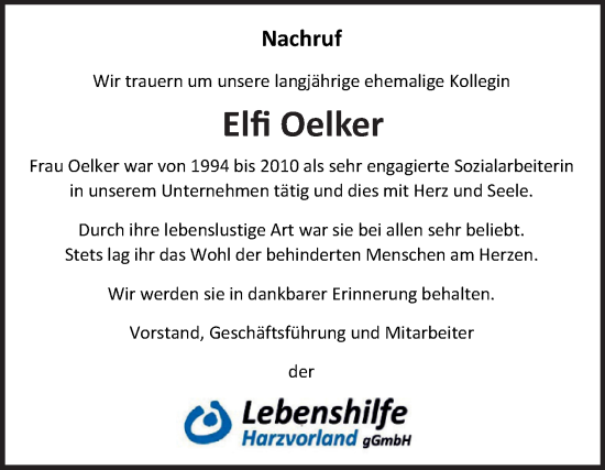 Traueranzeige von Elfi Oelker von Super Sonntag Aschersleben