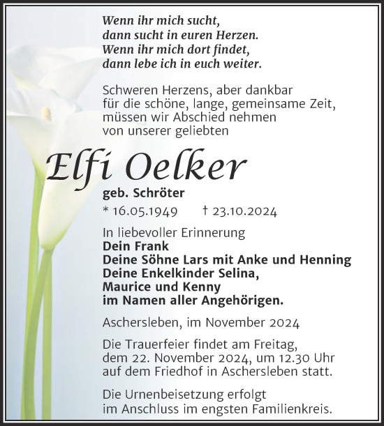 Traueranzeige von Elfi Oelker von Trauerkombi Aschersleben